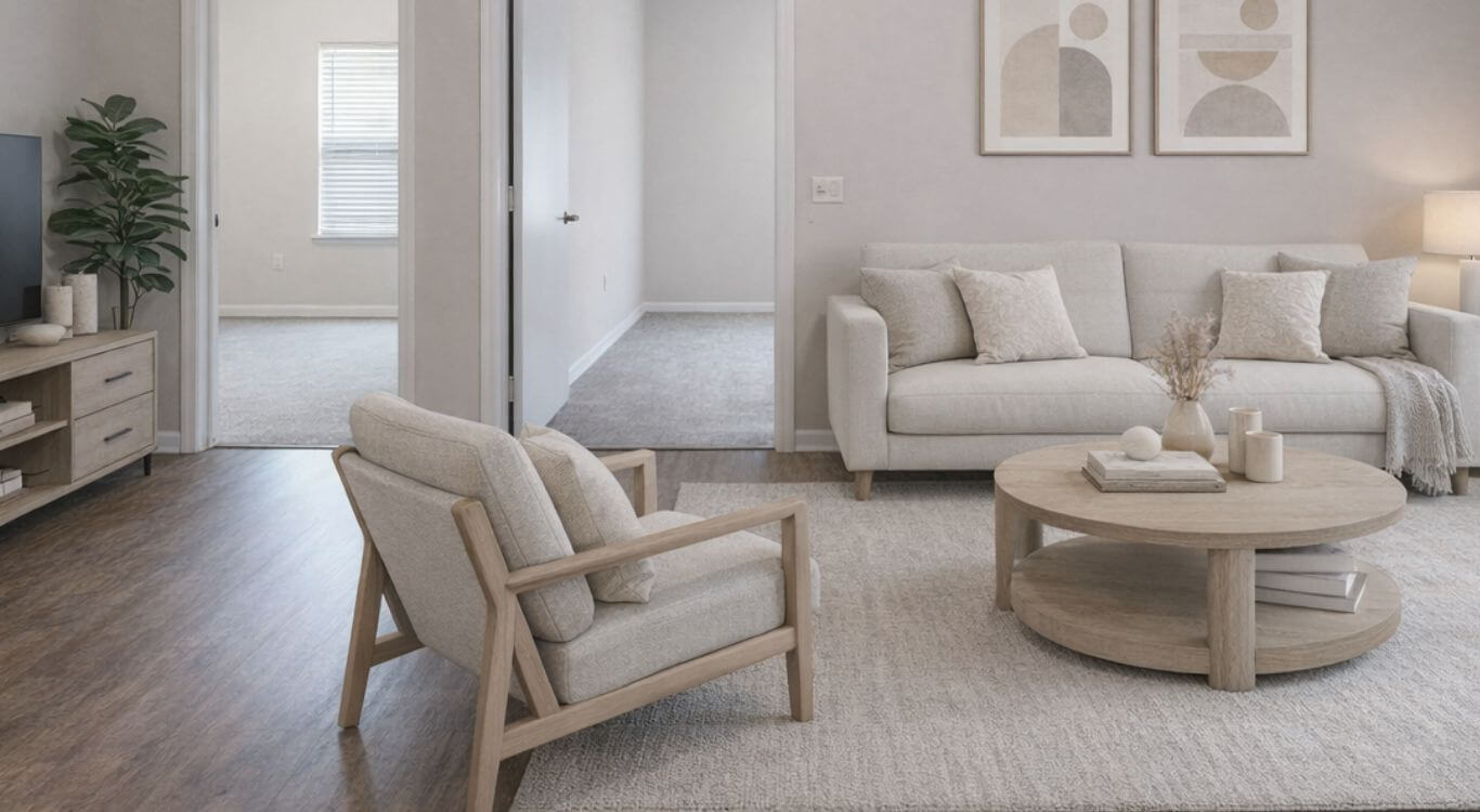 Living Room Area with Modern Furniture in Assisted Living Apartment For Seniors